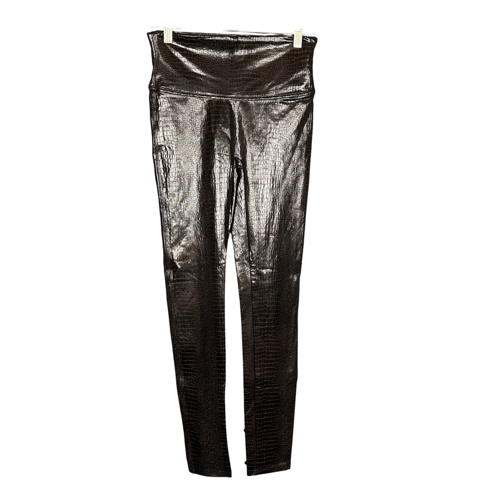 Spanx Faux Leather Croc Shine Leggings M Stretch Tummy Control‎ Brown Black